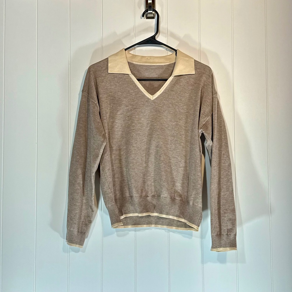 Sugsew Womens V-Neck Polo Collar Sweater Taupe Cream Long Sleeve Knit Medium